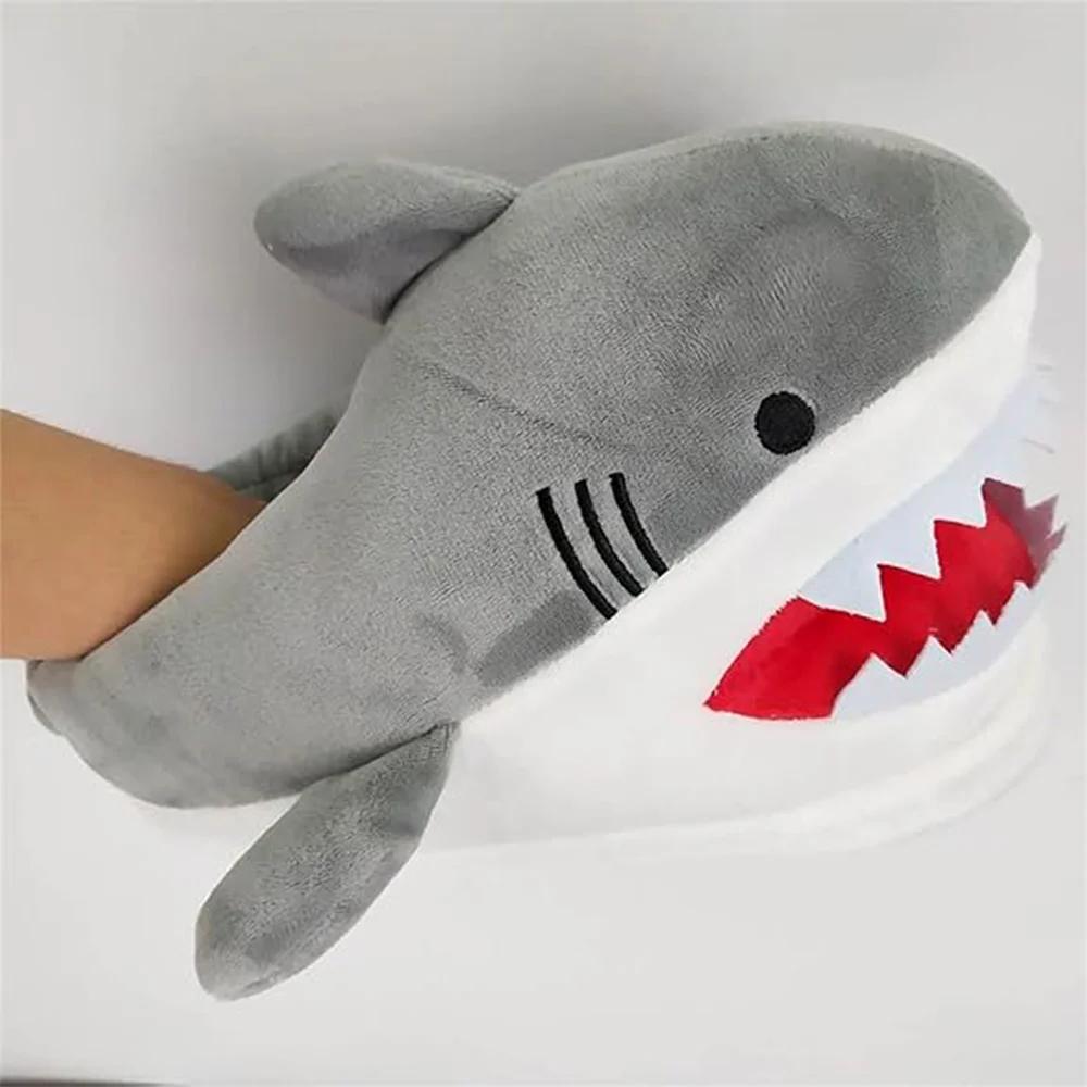 A020 Custom Novelty Slippers Funny Animal Hug Slippers Gifts Cute Plush Soft Cozy Warm Gray Shark Slippers for Women