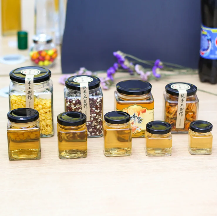 Wholesale Best Selling Small Square Clear Glass bottle manuka Honey Container rice fruit kitchen Food Storage Jar with Lid