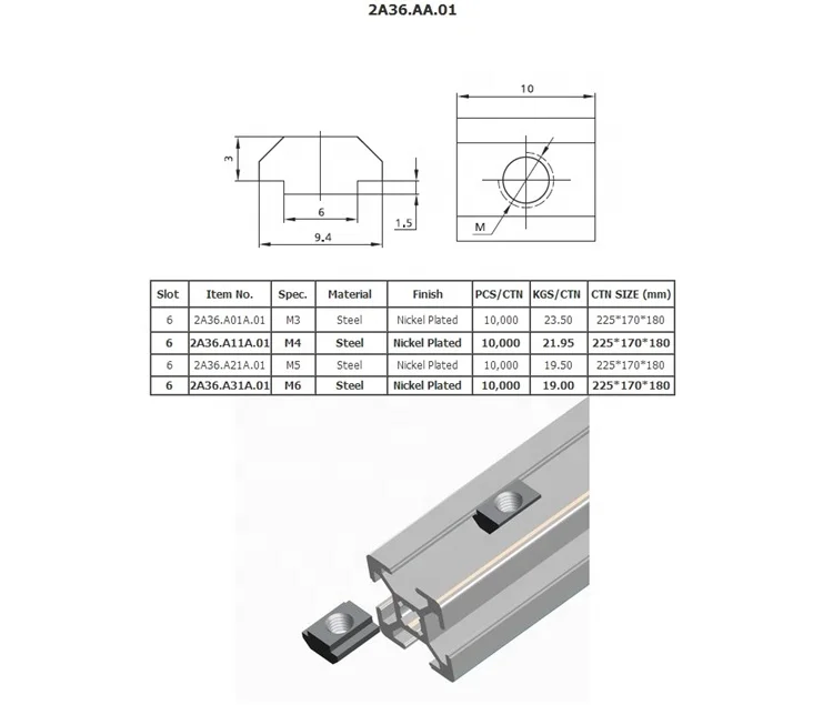 2A36.AA.01 Steel nickel plated square hammer profile nut M3 M4 M5 M6