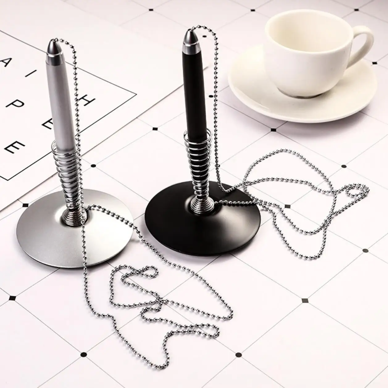High quality stylist desk ballpen base ballpointpen with chain metal office desk table ballpoint pen  with custom logo