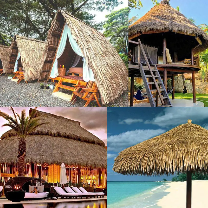 Waterproof plastic palm leaf grass green thatched roof synthetic thatch for thatch umbrella cover