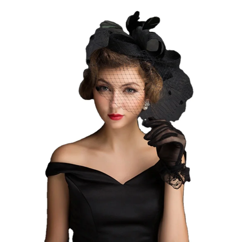 Wholesale New Top Hat Female British Black Linen Veil Feather Bridal Headdress Photography Hat