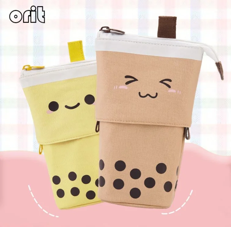 Pearl Milk Tea Retractable Pencil Case Student Cute Creative Canvas Stationery Bag Korean Cartoon Pop Up Pencil Case