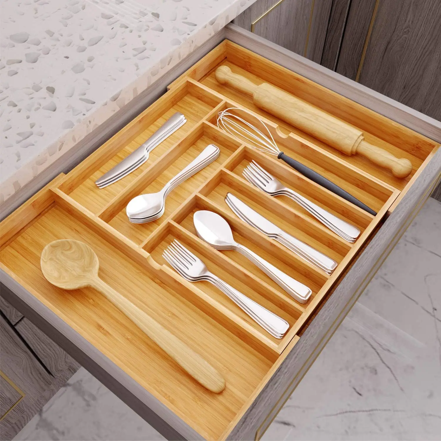 
Bamboo 9 Slots Silverware Tray Kitchen Expandable Drawer For Utensil Holder adjustable cutlery Tray 