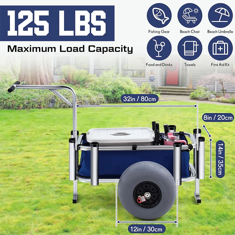 Outdoor Surf Casting Portable Folding Trailer Aluminum Fishing Beach Trolley Wagon Cart With Balloon Wheels