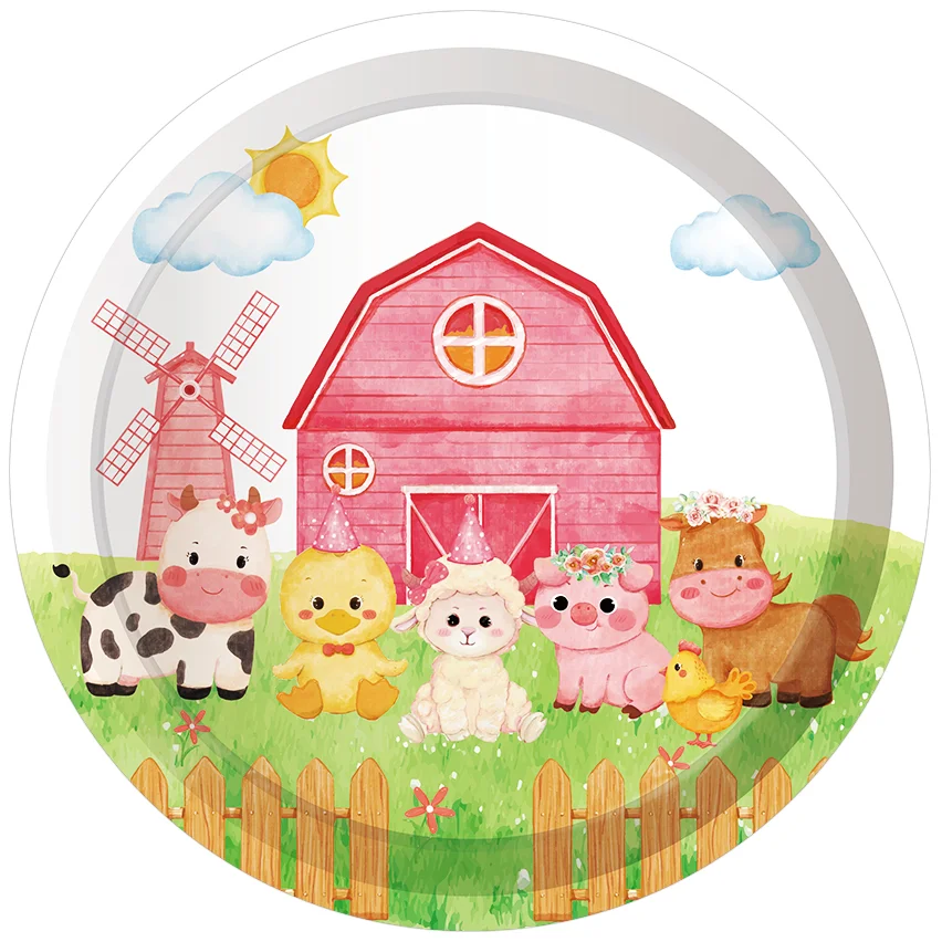 Huancai Pink Farm Animals Party Supplies Barnyard Paper Plates Cups Napkins Disposable Tableware Set for Kids Birthday Decor