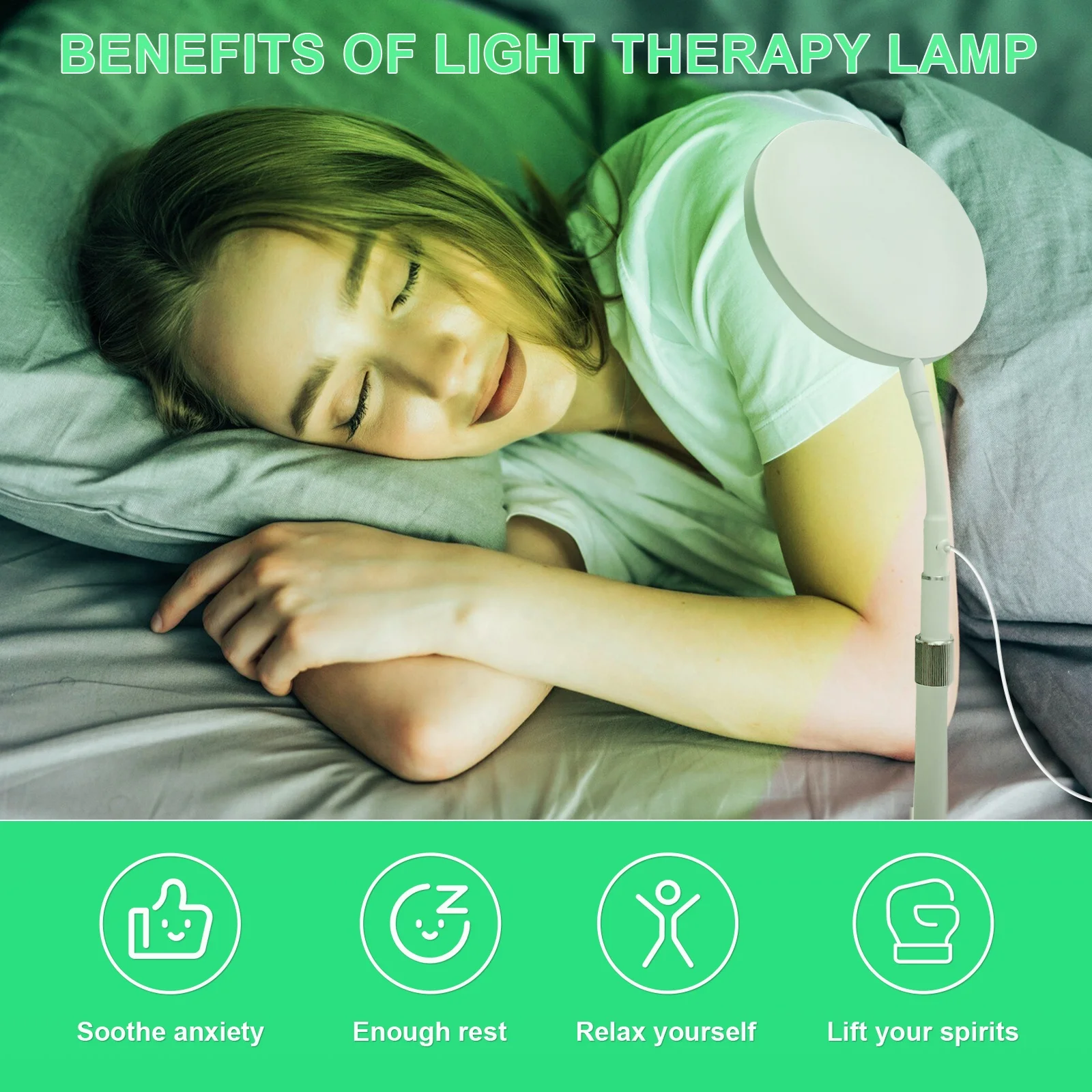 Light therapy lamp, green light therapy with timer function and adjustable brightness to help improve your sense of well-being