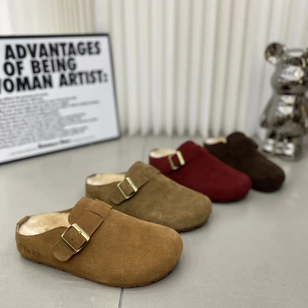 Fashion Women Clogs Fur slipper Suede Closed Toe Clogs Sandals Beach Slides Cork Flat  Sole Slipper