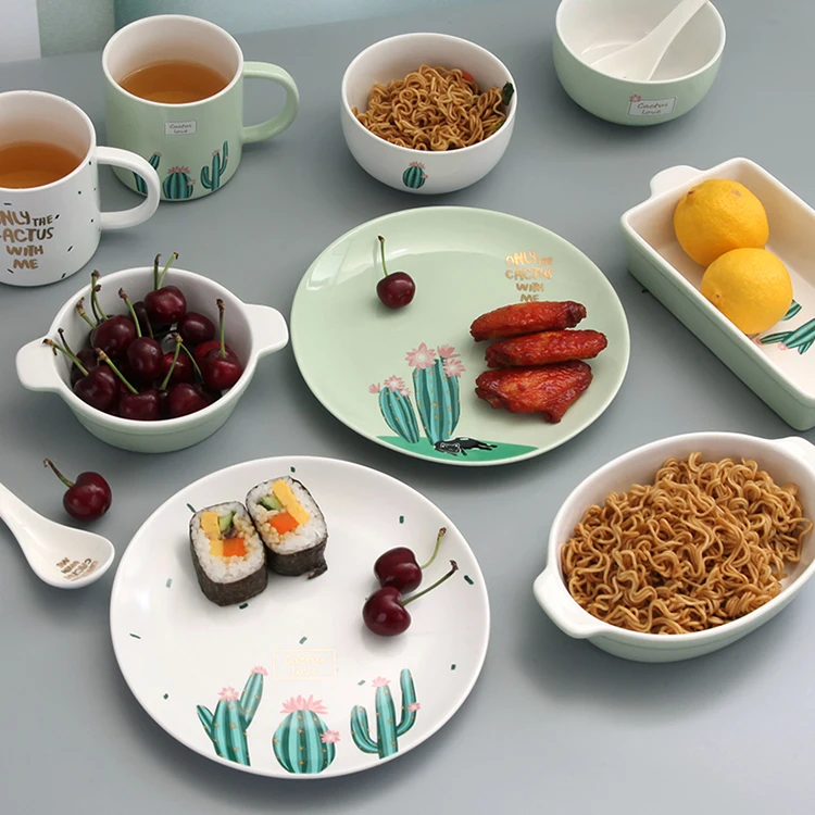 
Creative tableware set simple bone porcelain bowl painted gold plate household cactus baking pan ceramic cup 