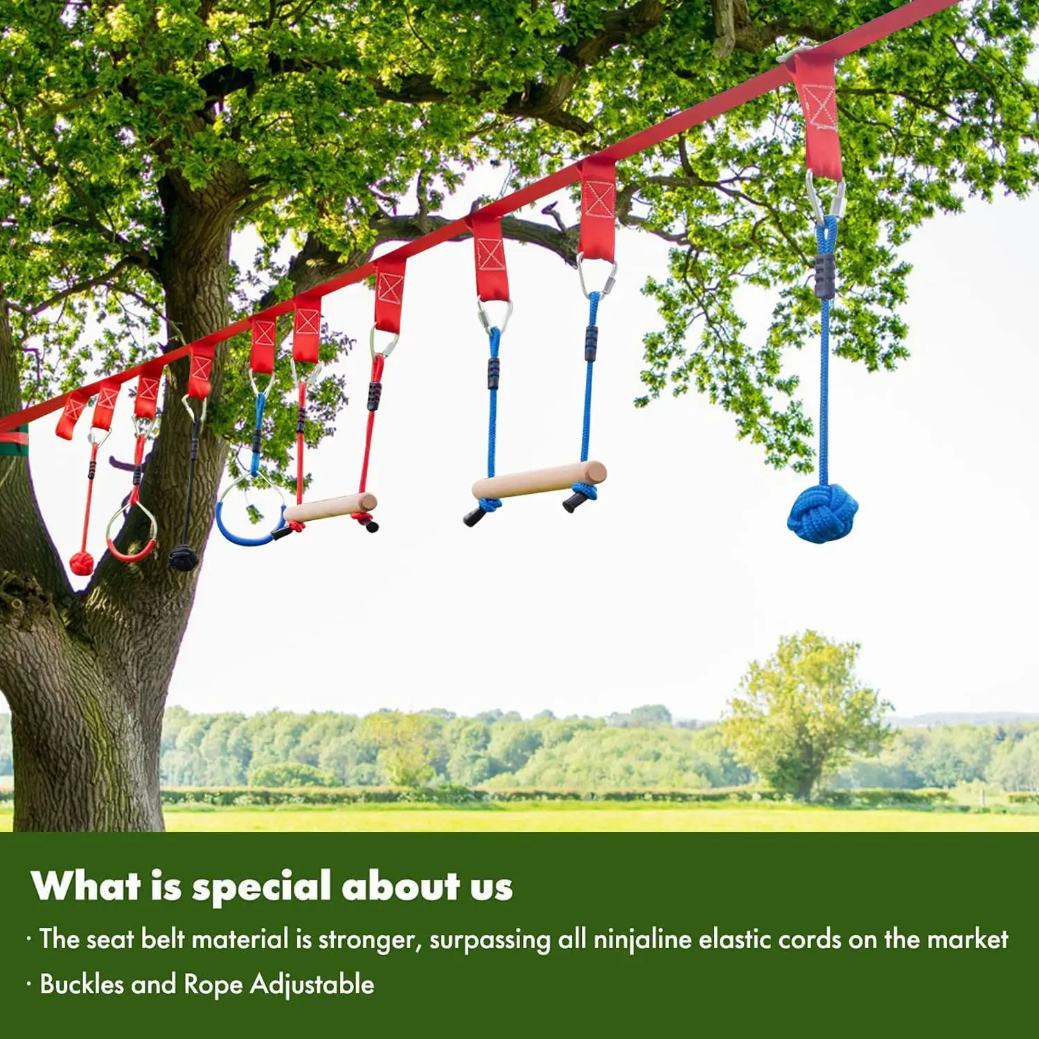 2x50ft children kids hanging obstacle course outdoor ninja slackline slack line red with 7 obstacles and climbing rope ladder