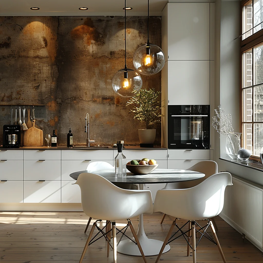 AI Creative Concept Design Nordic Kitchen Dining Room White And Wood Style Design 3D Rendering Service