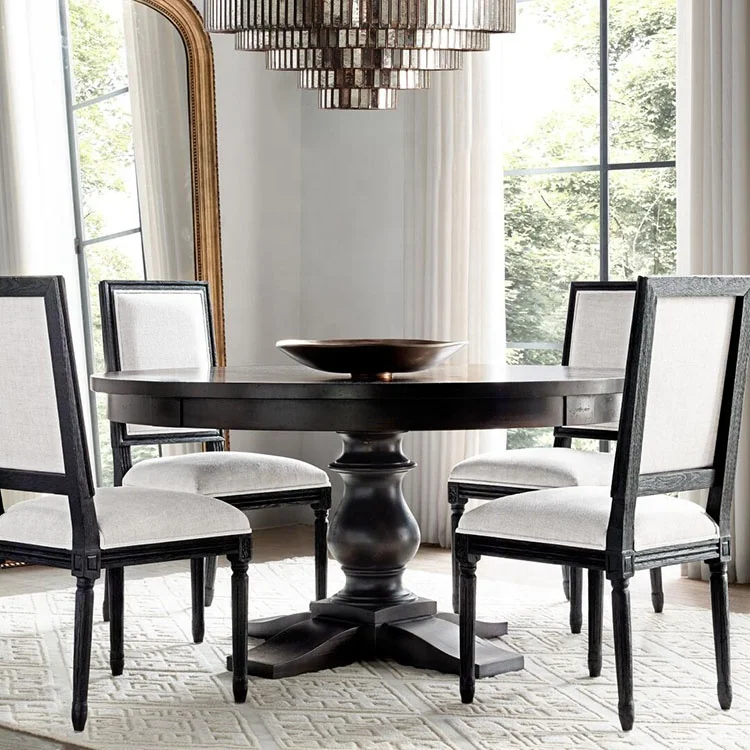 Custom French antique dining room furniture black pedestal solid wood round dining table