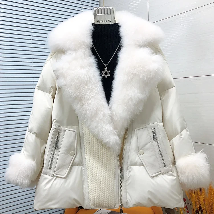 2024 Women high quality real cashmere hair white goose down jacket short suit collar genuine sheep leather spliced down jacket