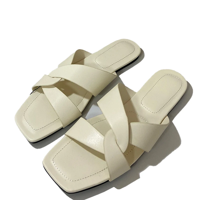 New summer square head flat outside to wear sandals female cow leather cross strap after the empty beach slippers female