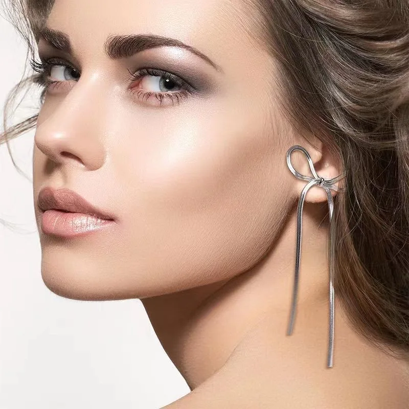 2024 New Trendy Elegant Statement Ribbon Fringe Waterfall Dangling Earrings 14k Gold Plated Bow Dangle Drop Tassel Earrings