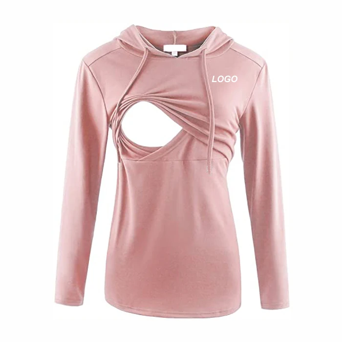 Custom Logo Nursing Hoodie Long Sleeves Shirt Casual Breastfeeding Top Sweatshirt