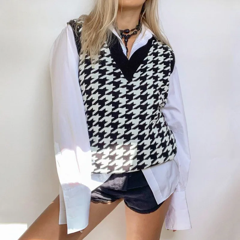 
2020 V-Neck Houndstooth Vest Sleeveless Knit Sweater Sueter Mujer Knit Houndstooth Cardigan Pull Sans Manche 