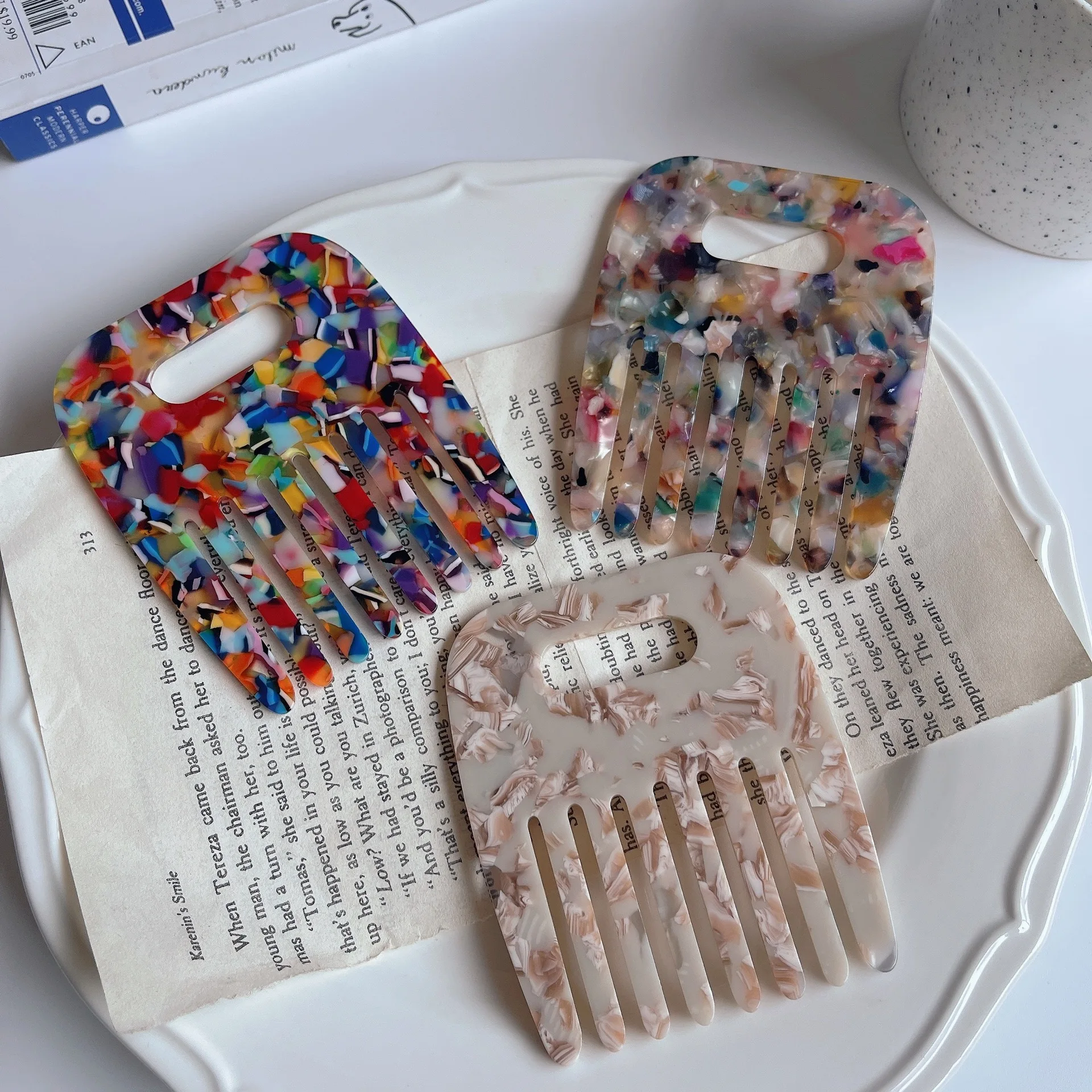 Pocket acetic acid hair pick afro comb women wide tooth eco friendly cellulose anti static chrome acetate african head comb