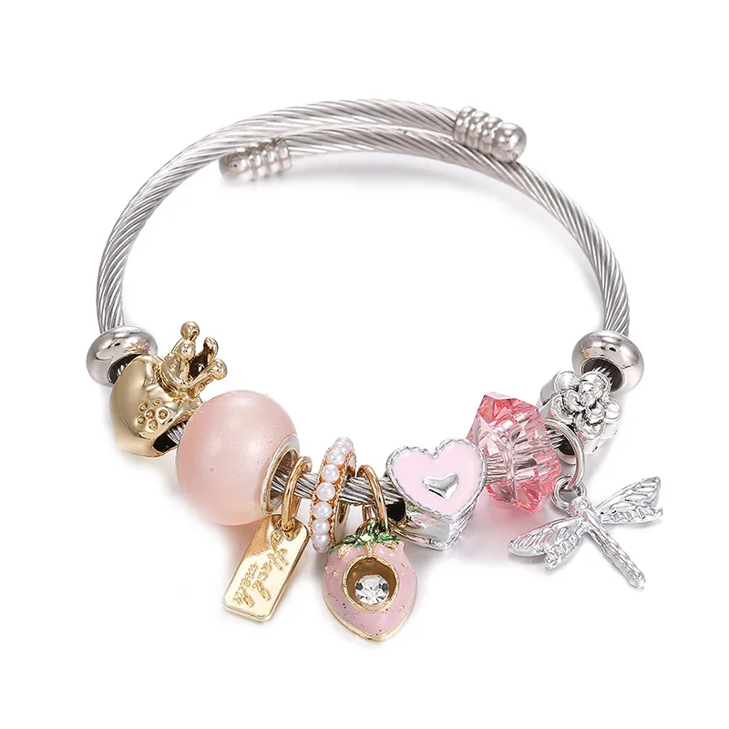 Designer pink heart crown pony beaded hand jewelry  stainless steel  charm bracelets & bangles bracelet for woman
