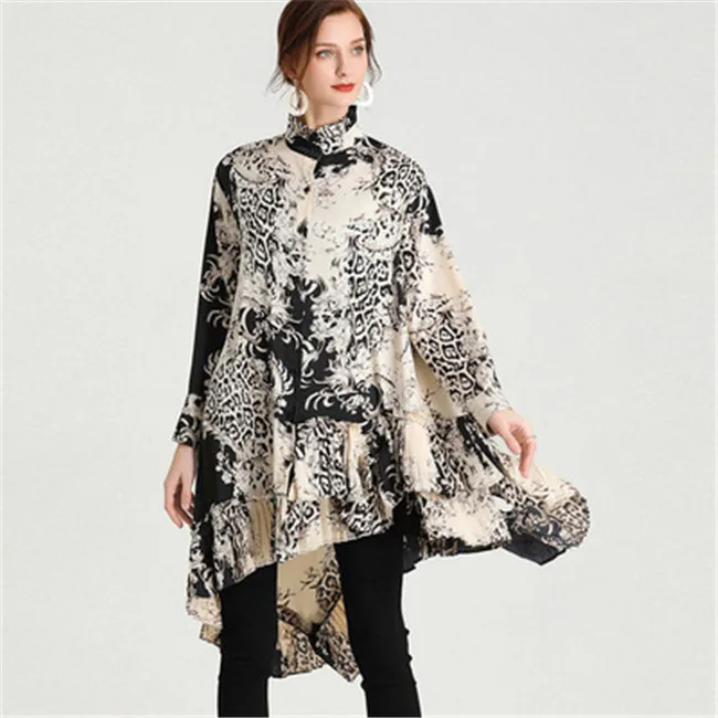 
Plus size 2021 spring new retro printed shirt chiffon shirt loose plus size blouse 