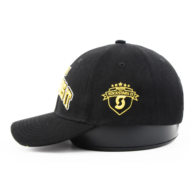 Black 100% cotton 6 panel unisex custom embroidered fitted baseball caps and base ball hats