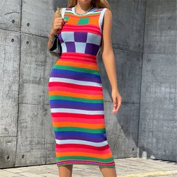 Colorful Plaid Striped Sleeveless Midi Round Neck Women Fall Knit Dress 2022