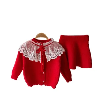 2022 Baby Girls Knit Cardigan Nylon Lace Top Pleated Skirt Set Autumn Kids Party Dress Two Piece Set