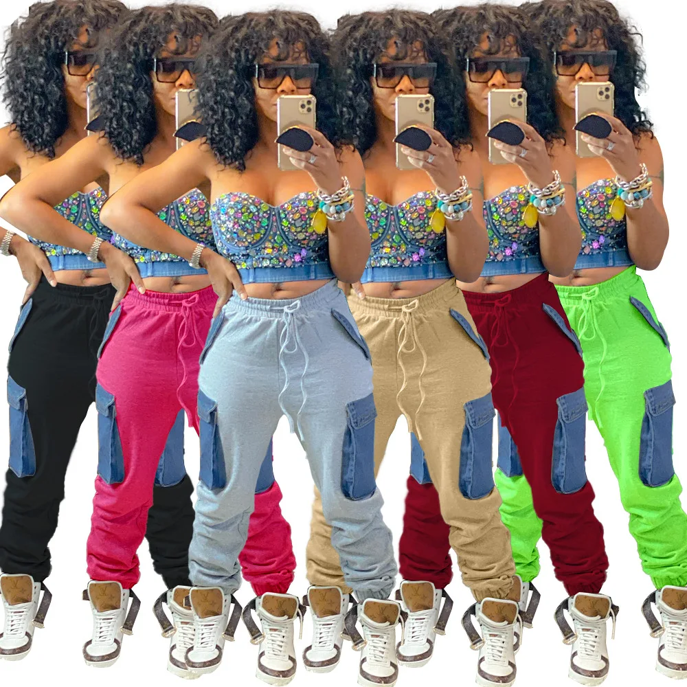 
FX2822 2020 Fall New Arrival Denim Patch Pants Casual Trousers Fashion Women Joggers Pants 