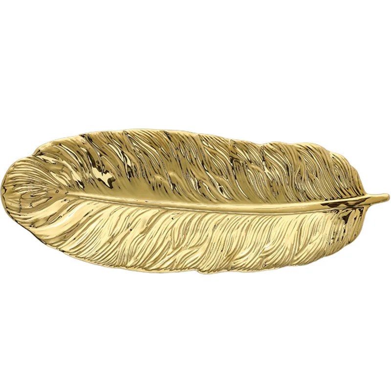 light luxury Nordic ceramic golden feather jewelry storage tray