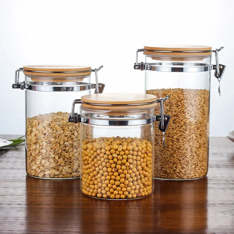Индивидуальные пустой пищевой стеклянные банки для хранения стекла с бамбуковой крышкой и силиконовое кольцо для хранения продуктов питания стеклянную банку