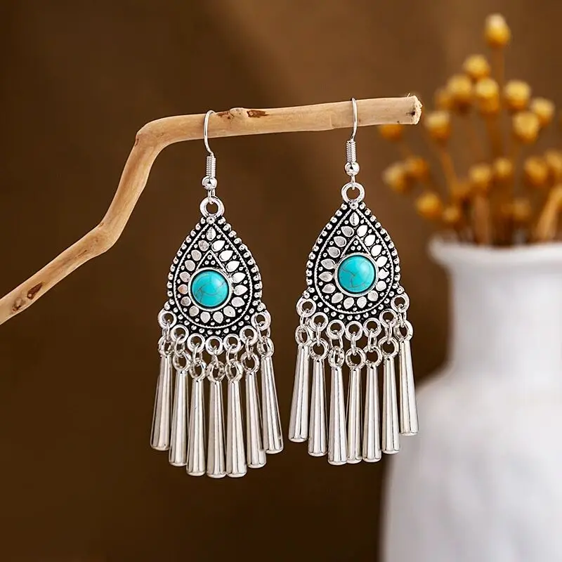 Popular earrings exaggerated retro design bulk in stock colorful water drop ethnic style tassel earrings for women