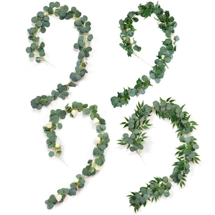 Wholesale Silk Eucalyptus Garland With Flowers Artificial Eucalyptus Willow Leaves Garland Plant For Wedding Home Decoration