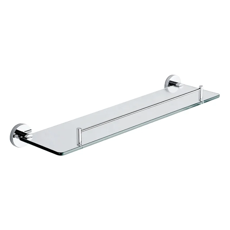 Factory Supply High Quality Simple Style 304 Stainless Steel Transparent Glass Wall Mounted Single Tier Bathroom Shelf