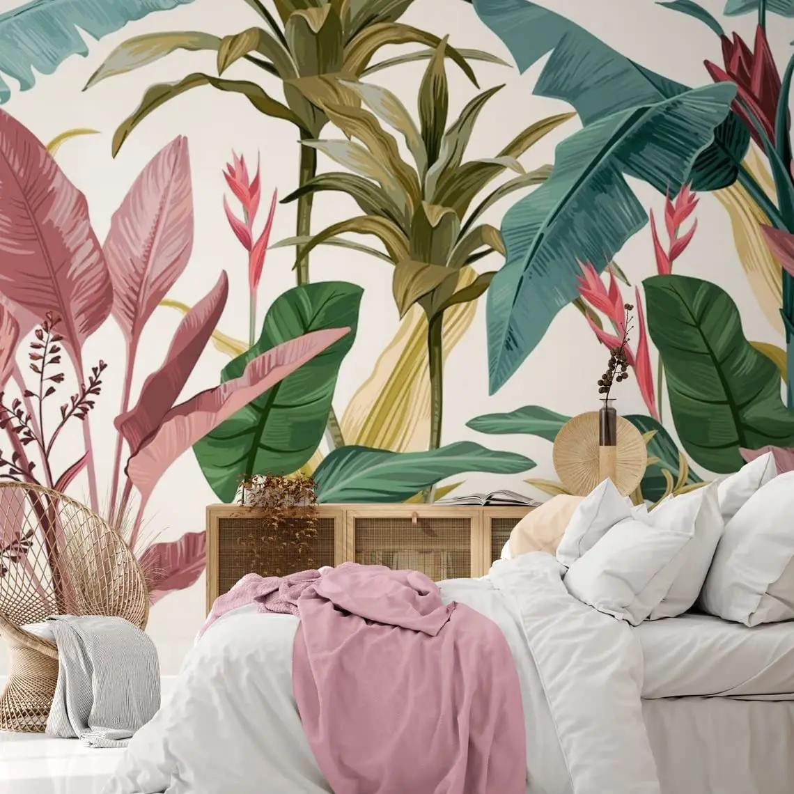 Colorful Banana Leaf Wall Mural Botanical Wallpaper Living Room Wall Art Tropical Leaves Wallpaper