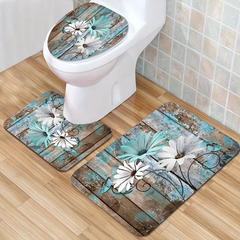 Daisy Wooden Board Printed Shower Curtain Set Waterproof Bathroom Partition Curtain With Hooks