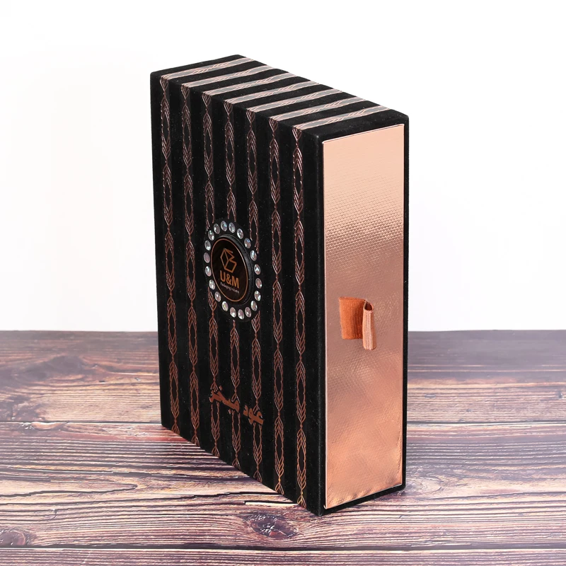 Flocked cardboard boxes black velvet for perfume glass bottle packaging paper box custom