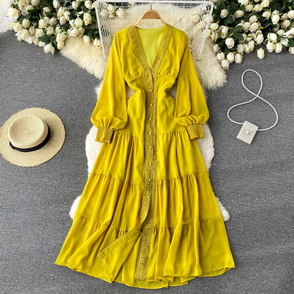 New Lace V-neck Dress Single Breasted Casual Long Dress