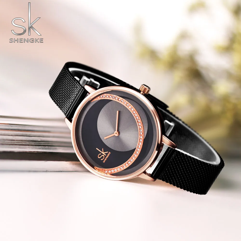  SHENGKE часы женские креативные черные сетчатые кварцевые Relogio Feminino Montre Femme