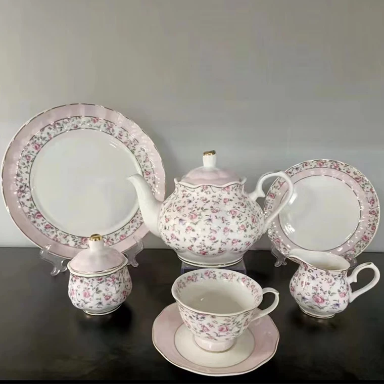 Luxury 17pieces country vintage custom painted fine porcelain ceramic bone china coffee set afternoon tea set with logo