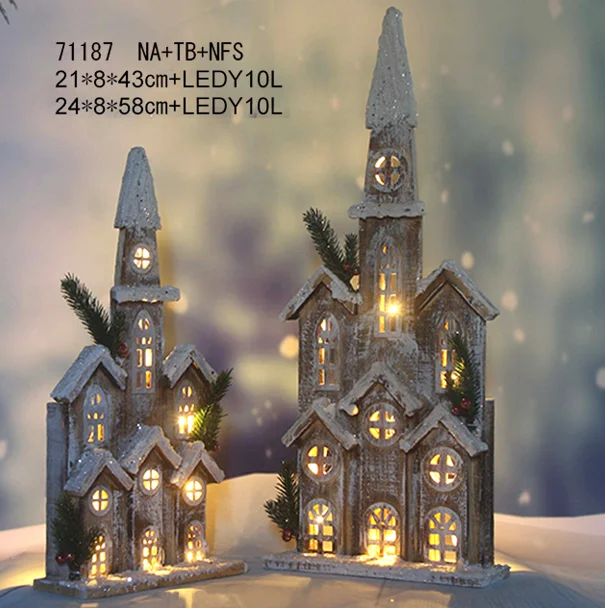 Christmas wooden house  with led lights battery operated wood church house for decoration