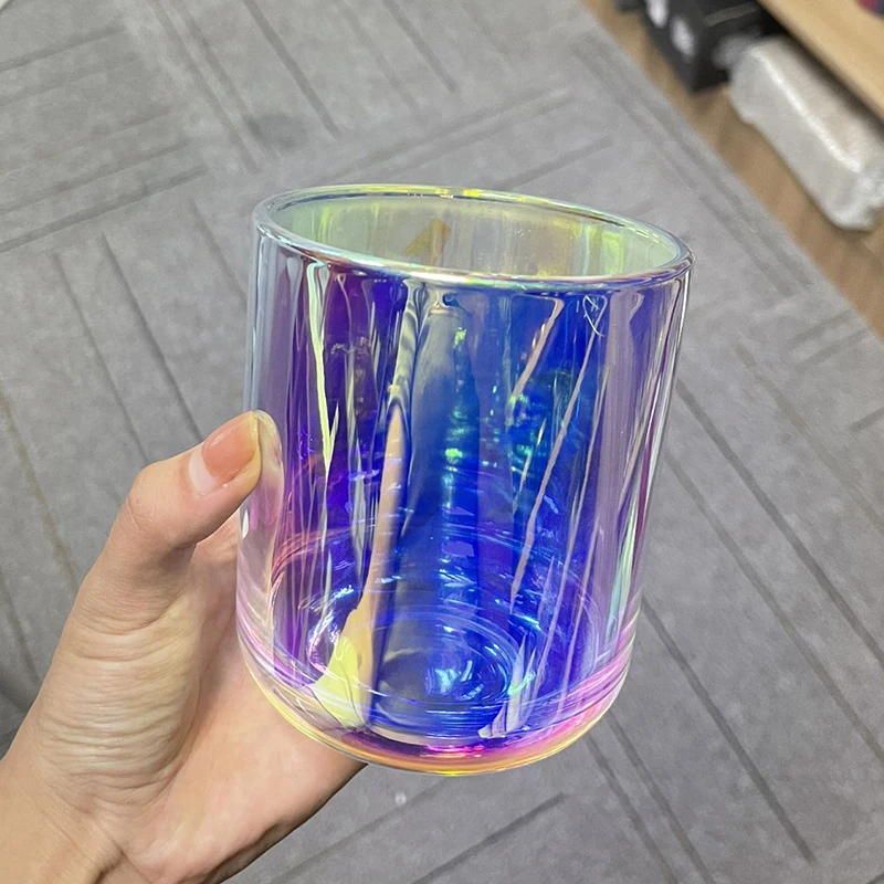 12 oz iridescent glass candle jar with metal wooden lid and color box