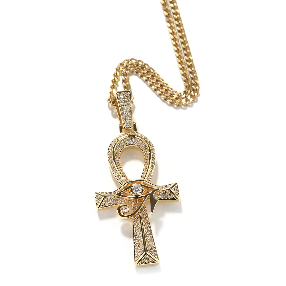 Mens Hip Hop Rapper Jewelry Iced Out Crystal Coptic Amulet Ancient Egyptian Cross Pendant Eye Of Horus Ankh Necklace