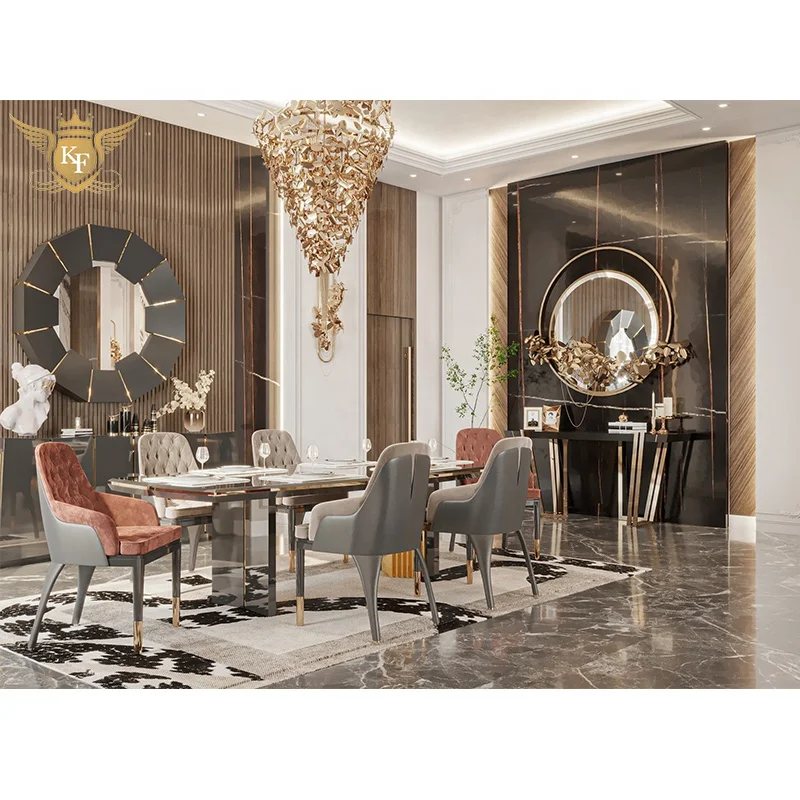 Italy design stainless steel golden base rectangular marble dining room table set luxury restaurant dining table and chairs