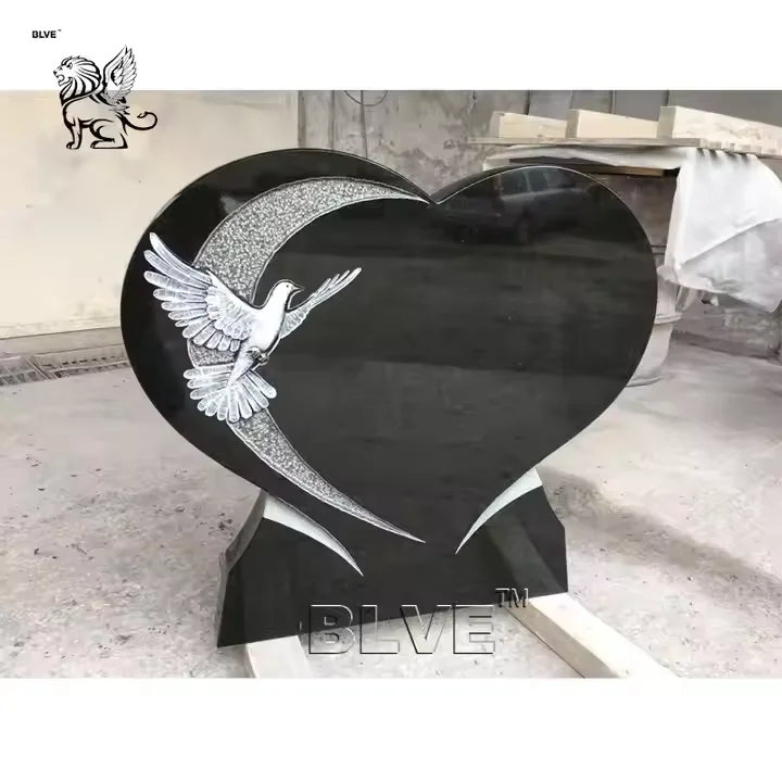 BLVE Modern Design Cemetery Hand Carving Angel Sculpture Natural Stone Tombstone Grey Marble Heart Shape Monument