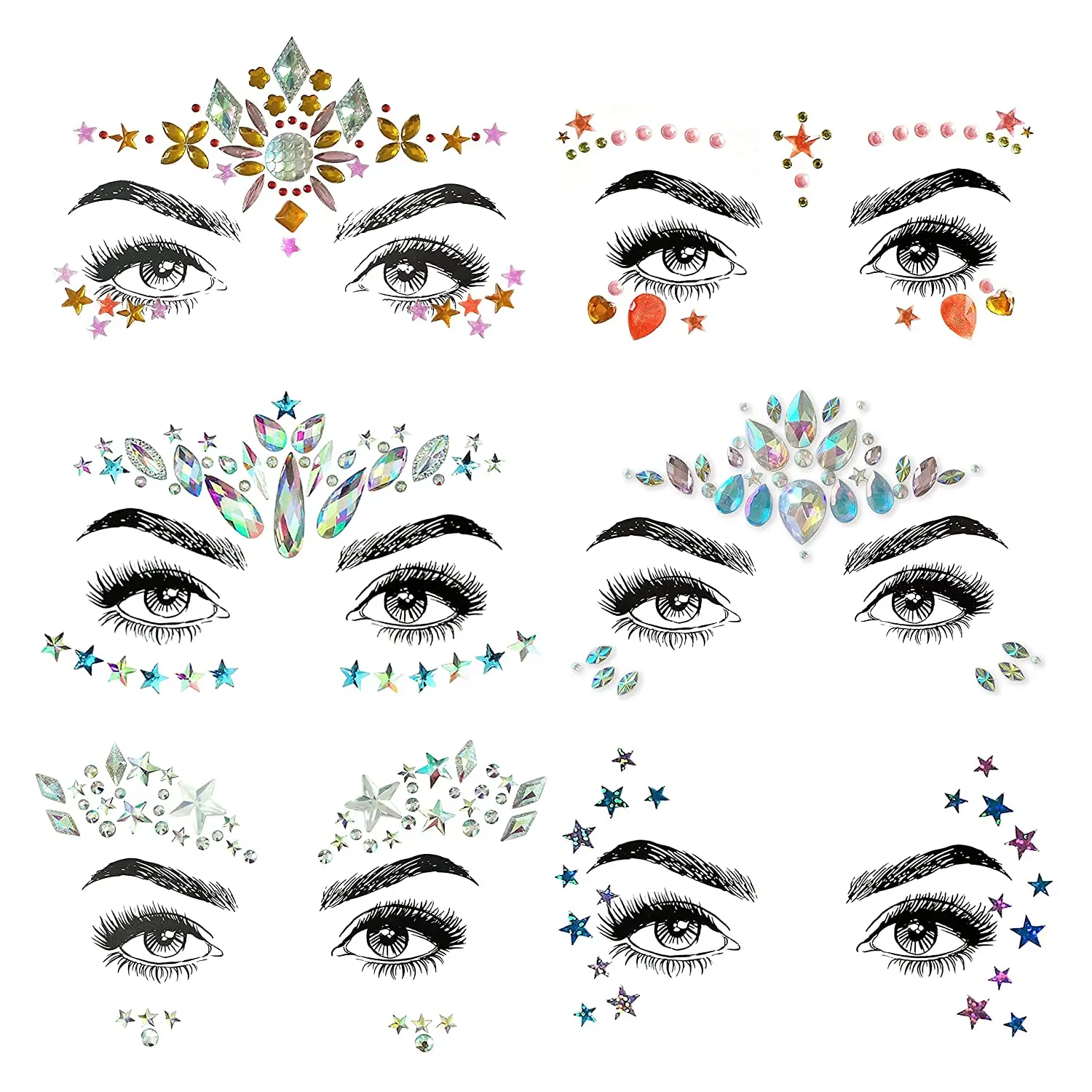 Festival Face Glitter Crystals Stickers 6 Pcs Eyes Body Temporary Tattoos