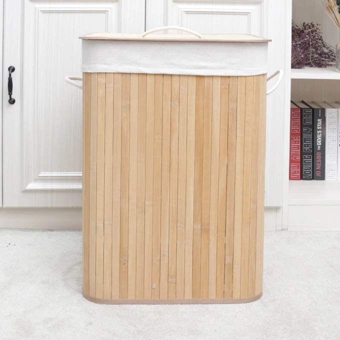 72 L Strong Folding Bamboo Cloth Laundry Hamper Rectangle Storage Basket with Lid Handle Natural Cotton Material Home Use Basket