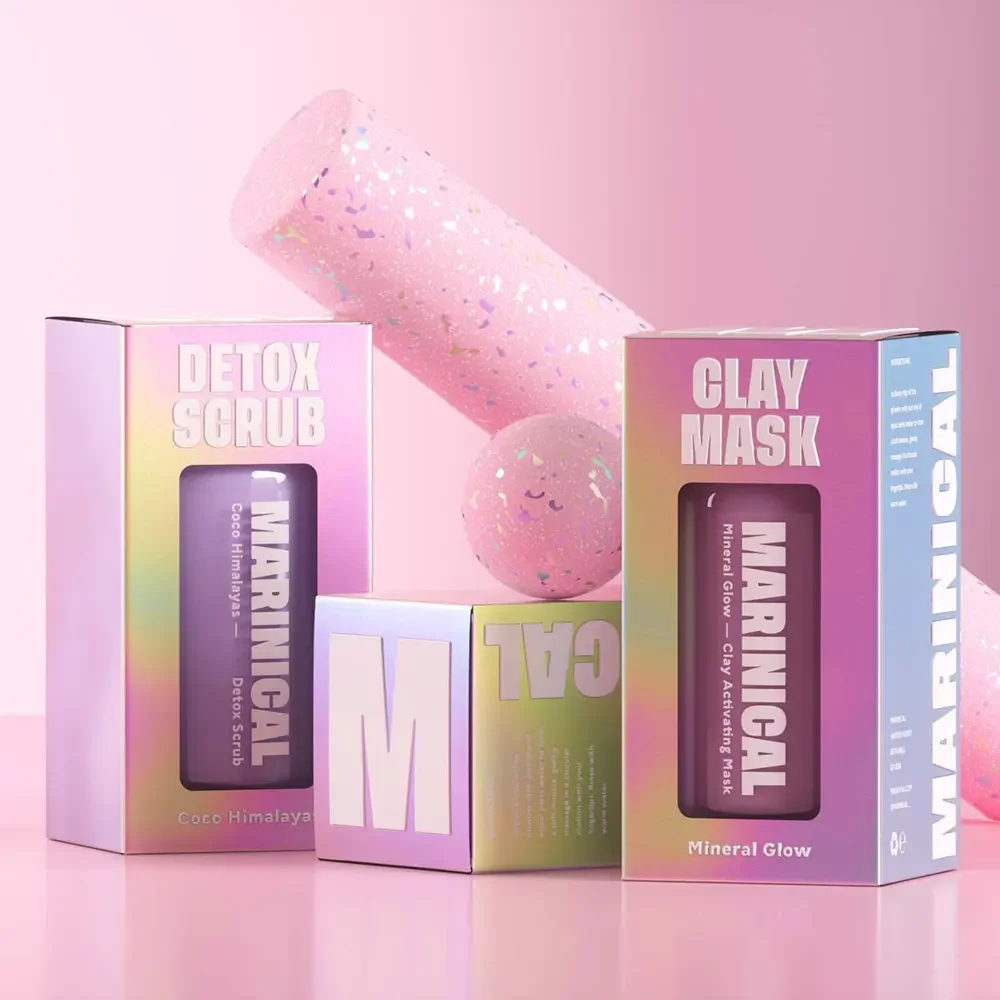 Holographic shiny  Lipstick Box Holographic Pink Coated Paper Box Cosmetic Packaging Paper Box with clear  Window