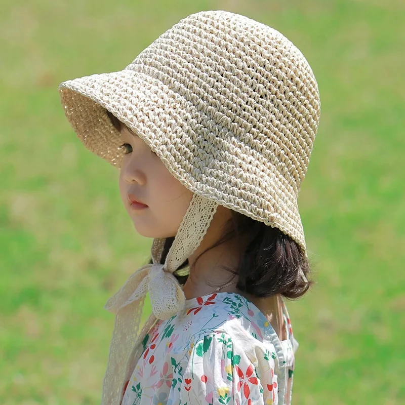 Summer Baby Straw Hat for Girls Boys Beach Travel Kids Bucket Hats Adjustable Lace Windproof Rope Fashion Accessories 2-6Y
