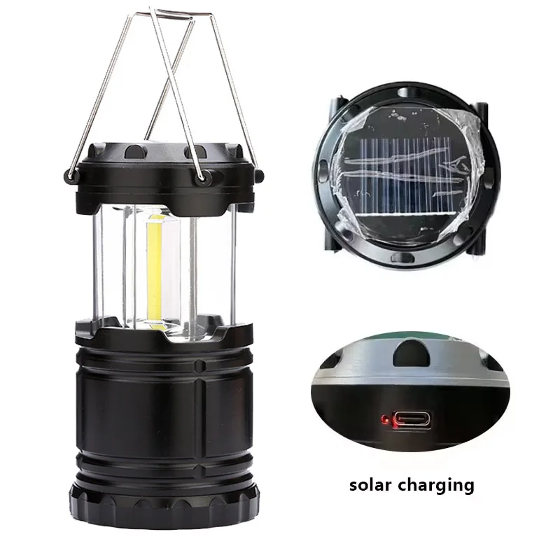 Solar USB Rechargeable 3 AA Power Brightest COB LED Camping Lantern For Tent Collapsible Emergency LED Light