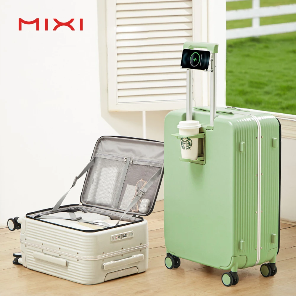 Mixi new arrival cup holder carry on suitcase maletas de viaje USB charge port aluminum trolley hook for Mobile phone luggage